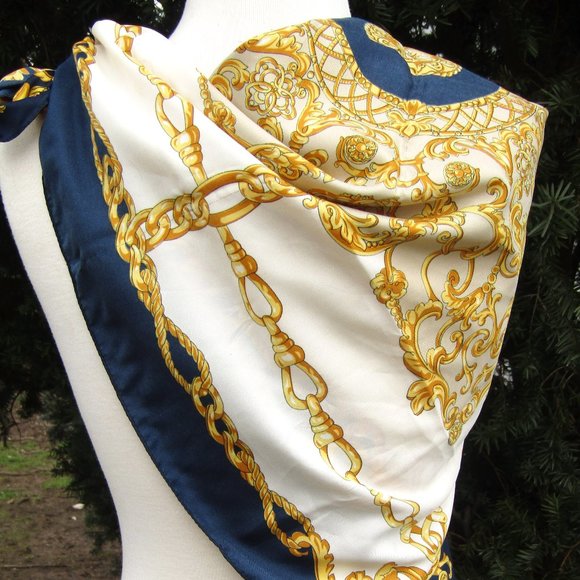 Vintage Silk Scarf Navy Gold Cream - Picture 2 of 3